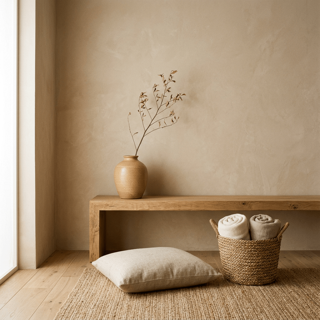 Wooden bench with clay vase holding dried branches, beige cushion on floor, woven basket with rolled blankets