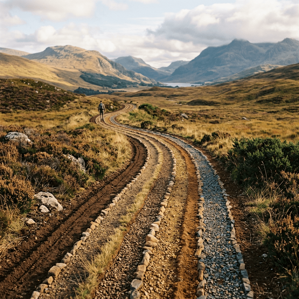 Winding mountain trail with stone-lined paths and a hiker in the distance
