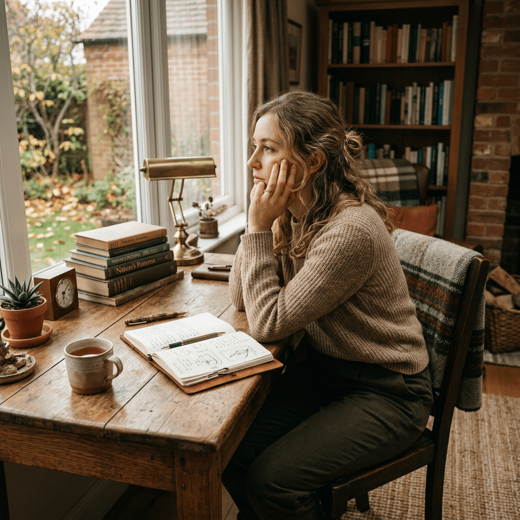 Woman sitting at a desk with notebook and books, looking out window thoughtfully
