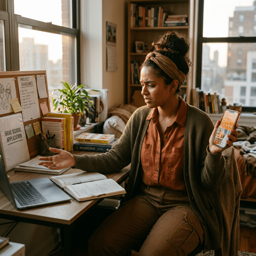 Student appearing frustrated holding smartphone and looking at laptop with study materials