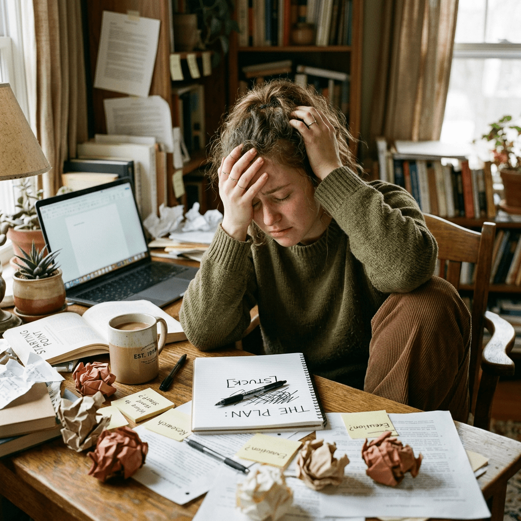 Person holding head in frustration at a cluttered desk with crumpled papers and a notebook reading 'THE PLAN: STUCK'