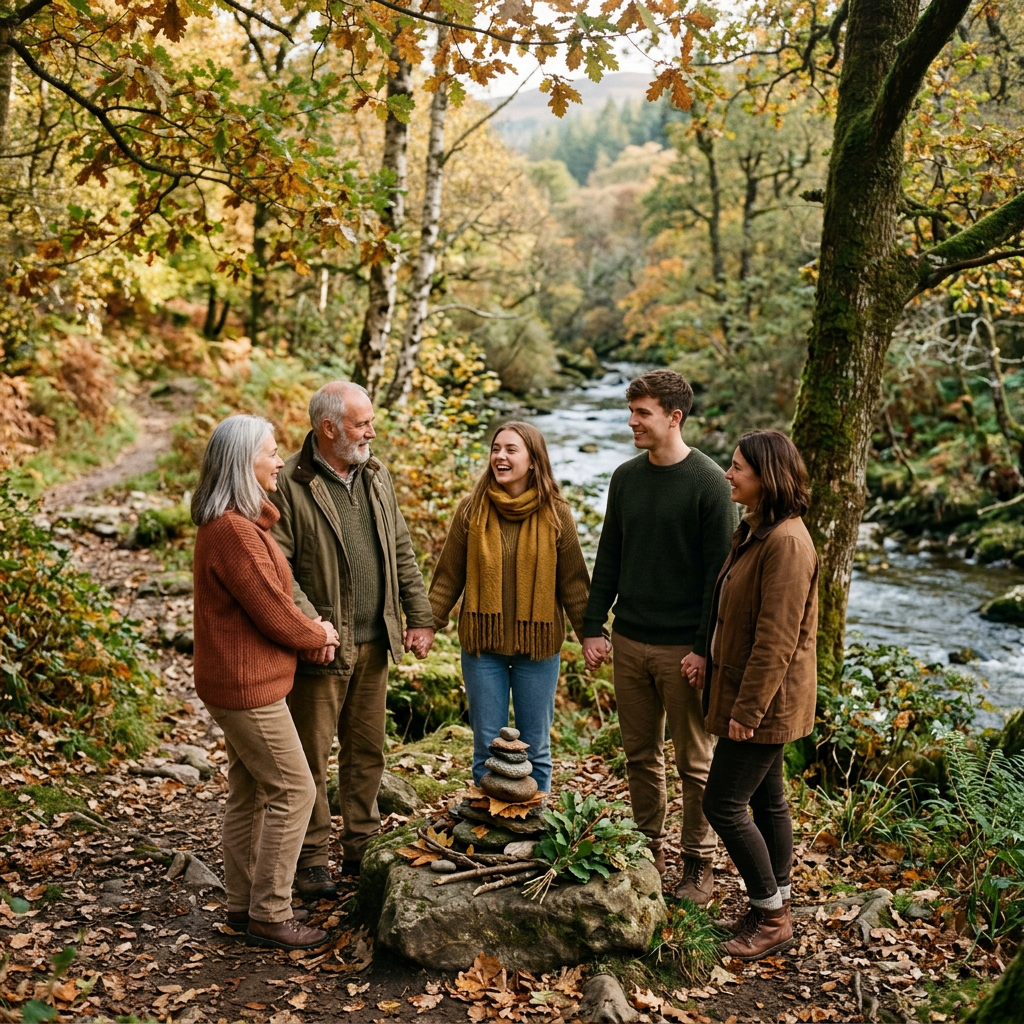 Five people holding hands in a circle near a river with autumn trees