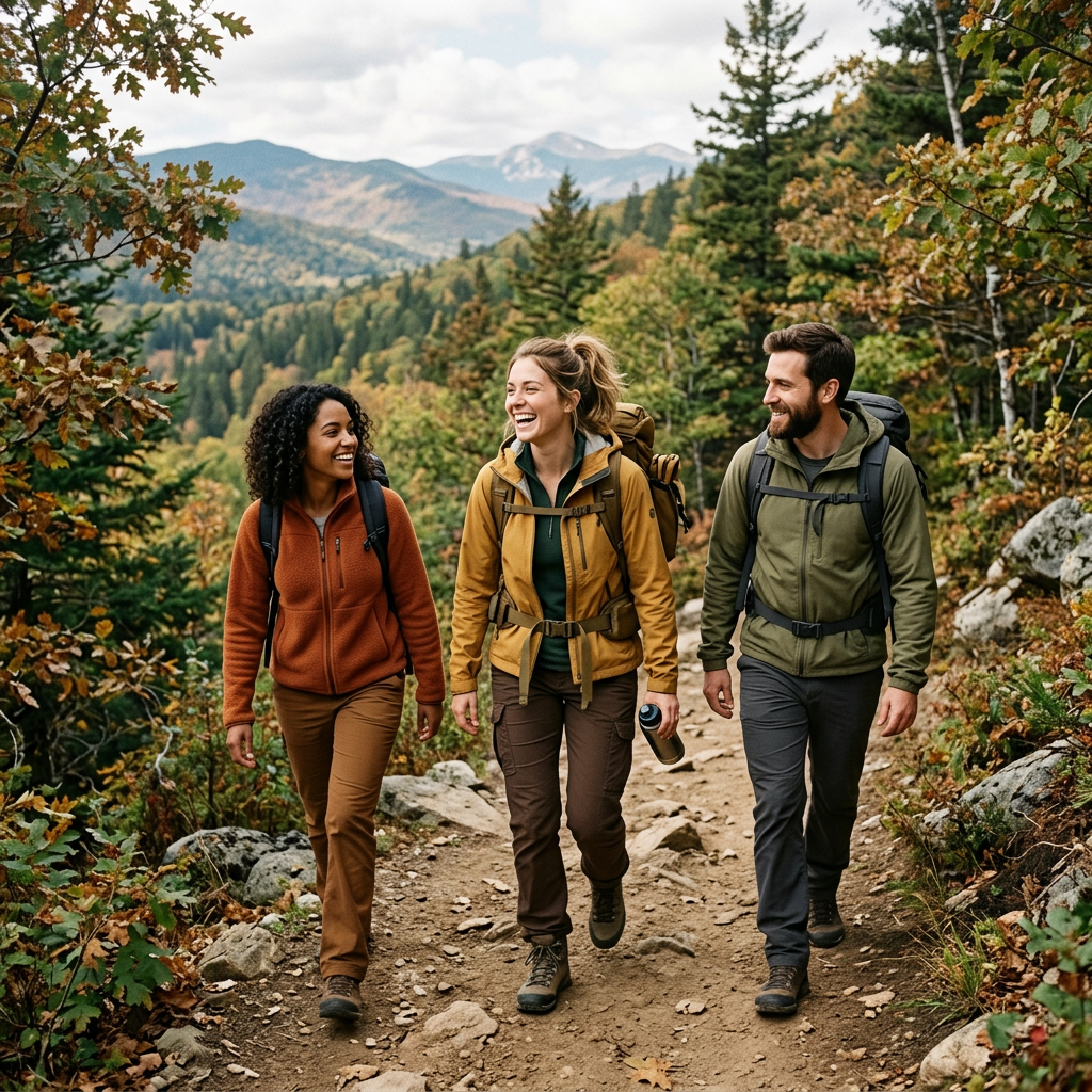 Three hikers walking on a forest trail with backpacks in autumn