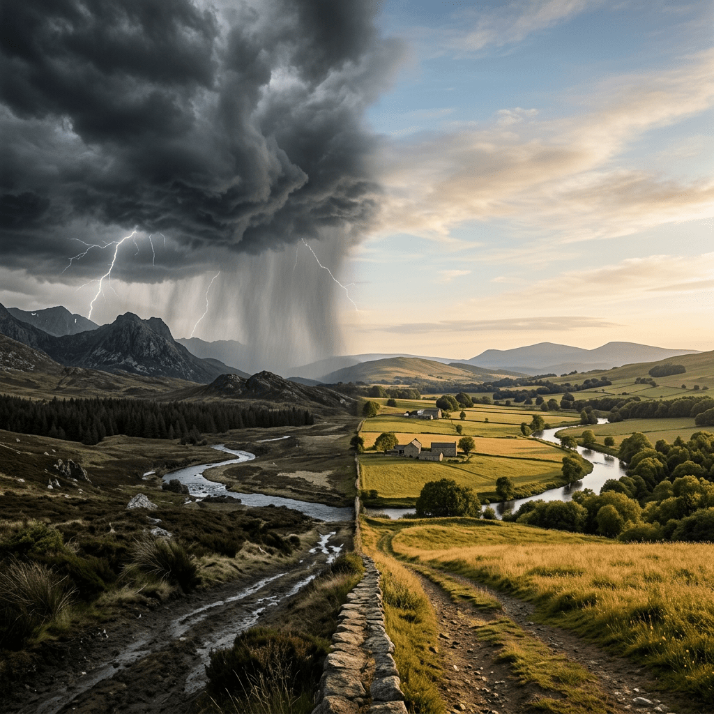 Split landscape with storm and lightning on left and sunny countryside with fields and river on right