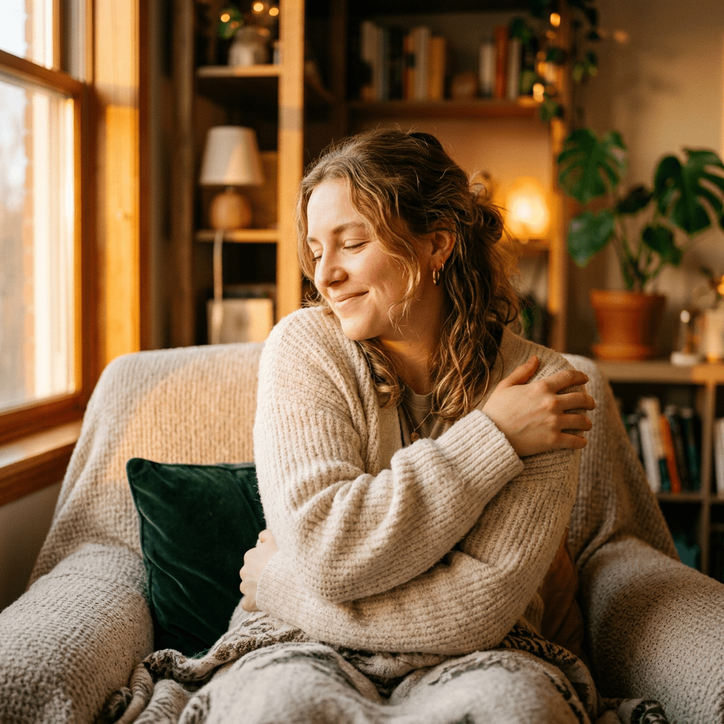 Woman sitting on a comfortable chair hugging herself with eyes closed