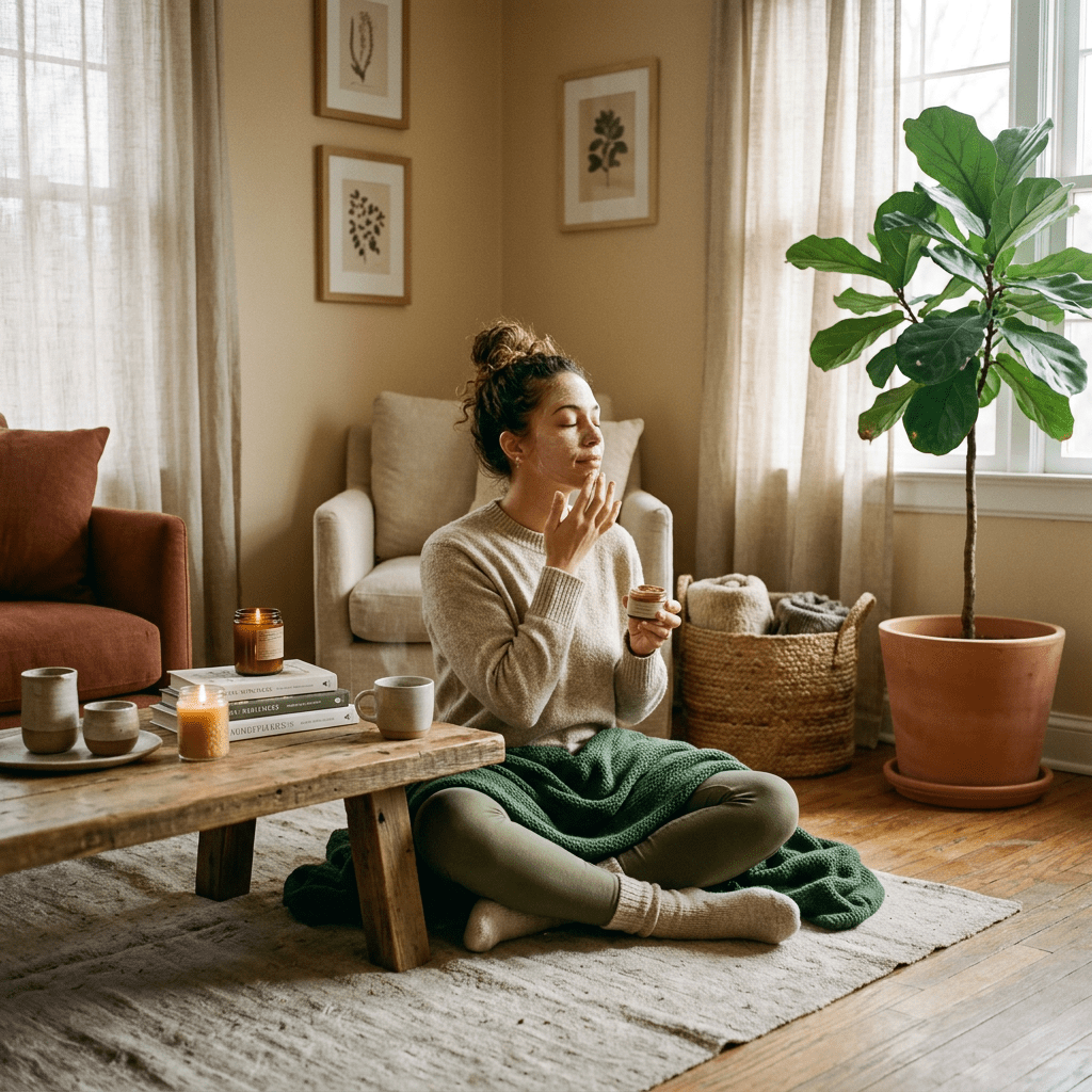 Woman sitting cross-legged on a rug applying cream to her face in a cozy living room