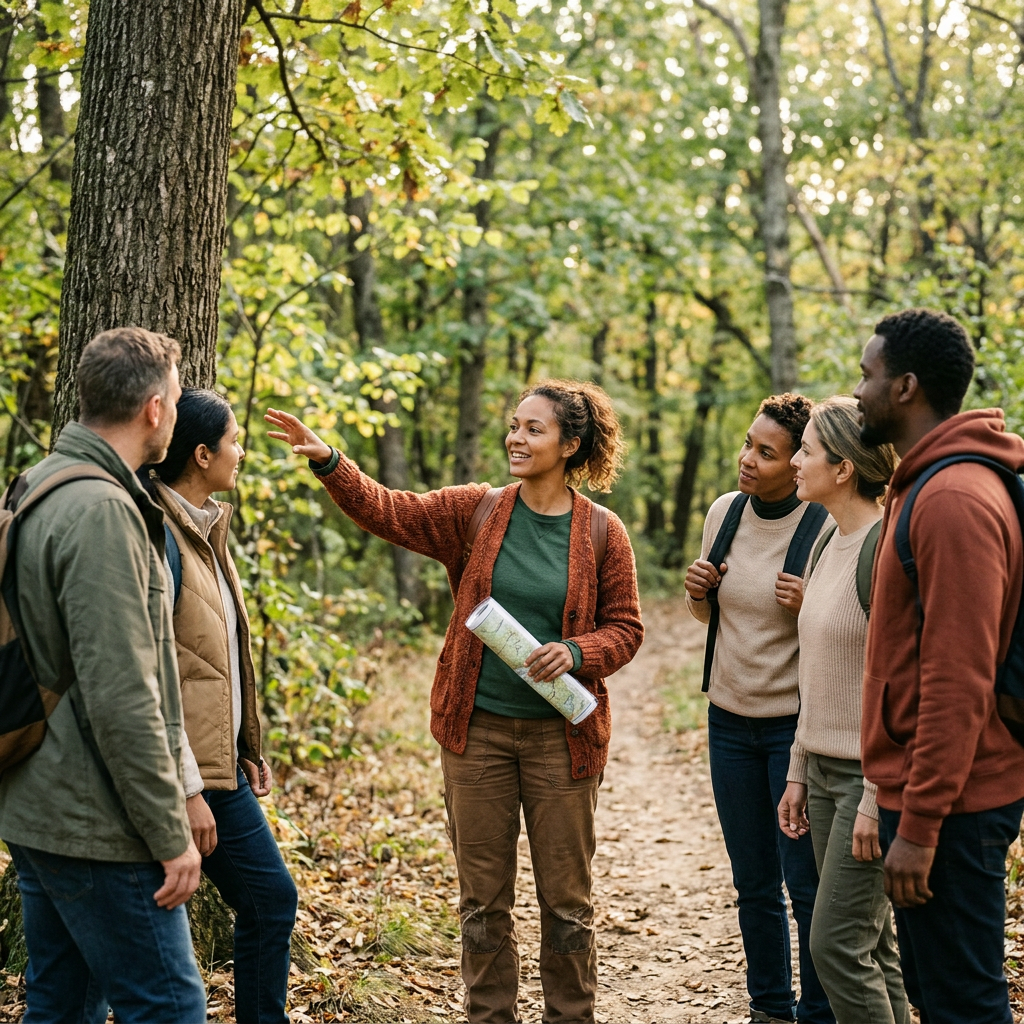 Group of five hikers listening to a guide holding a map in a forest