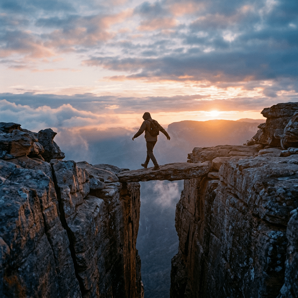 Person walking on a narrow rock bridge between cliffs at sunset