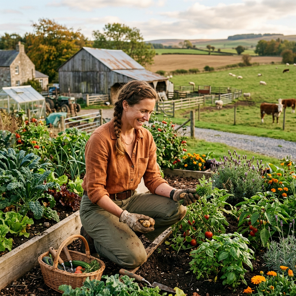 Woman kneeling in a garden bed holding harvested potatoes and greens