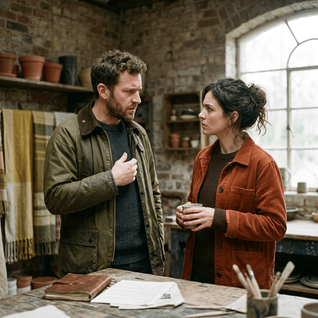 Man and woman talking seriously in a rustic workshop environment
