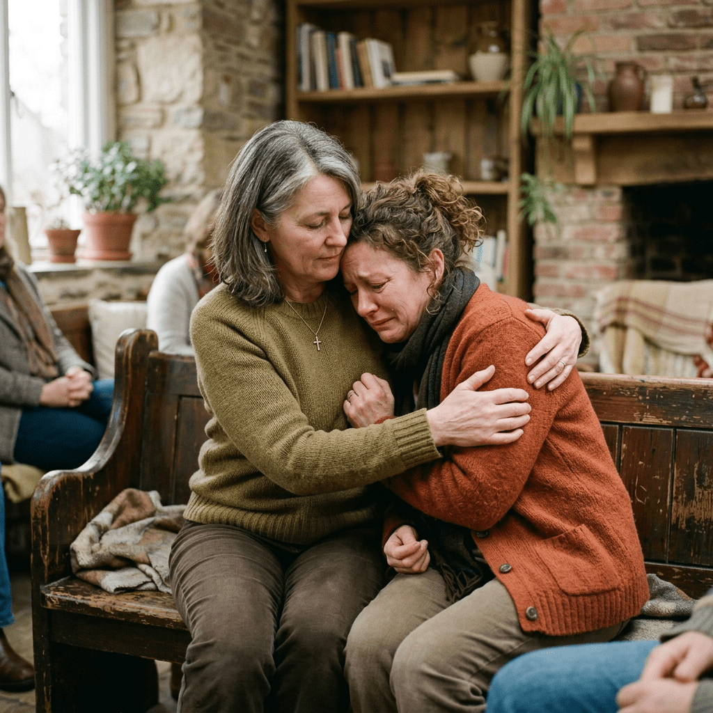 Woman in green sweater comforting a crying woman in orange sweater in a group setting