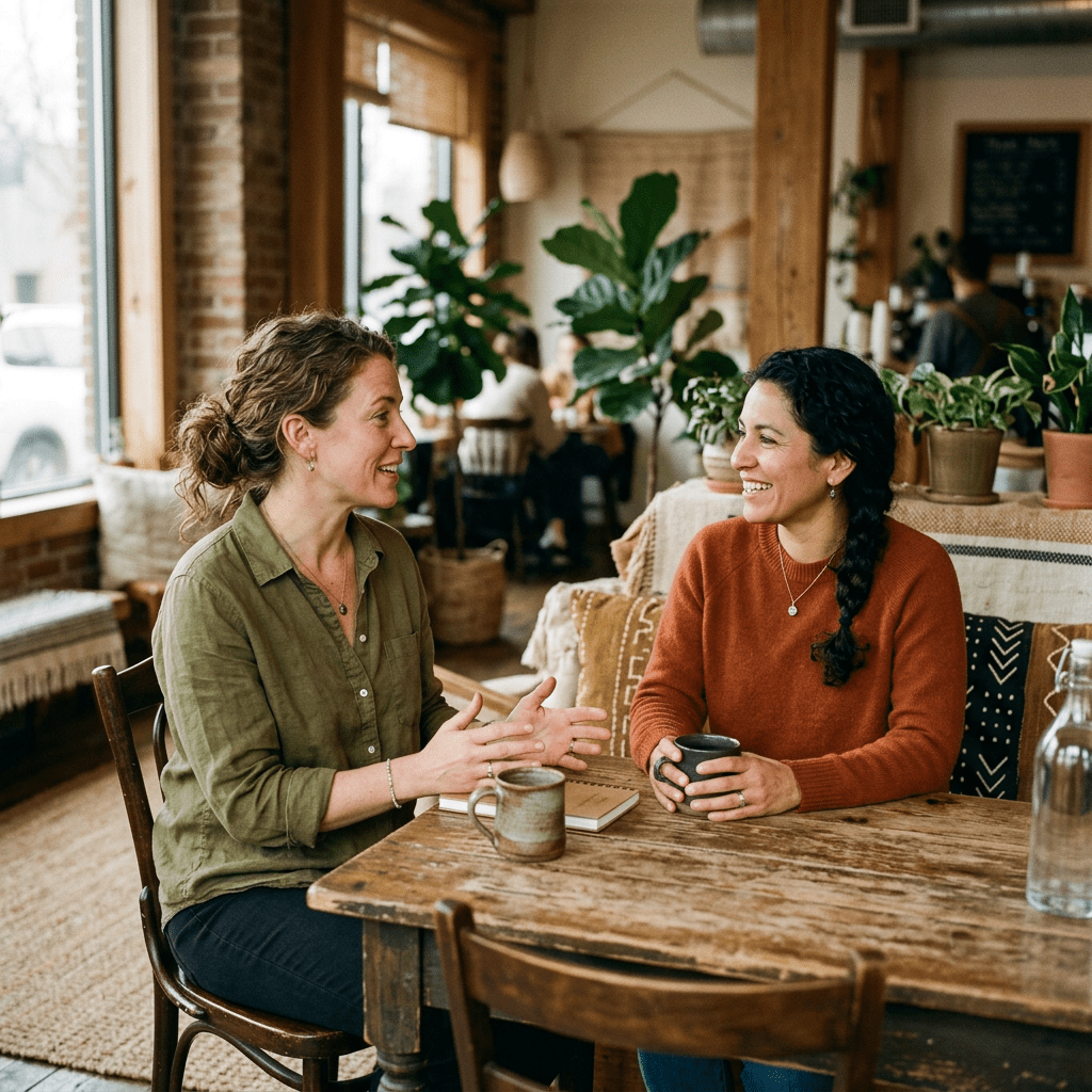 Two women sitting at a wooden table in a cozy cafe, talking and holding coffee mugs