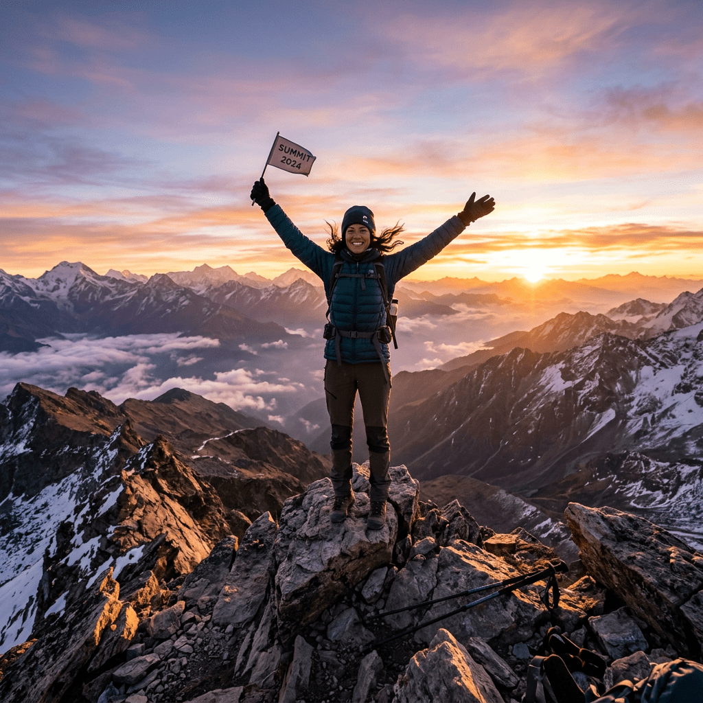 Mountaineer standing on rocky peak with arms raised holding a flag that says 'SUMMIT 2024' at sunrise