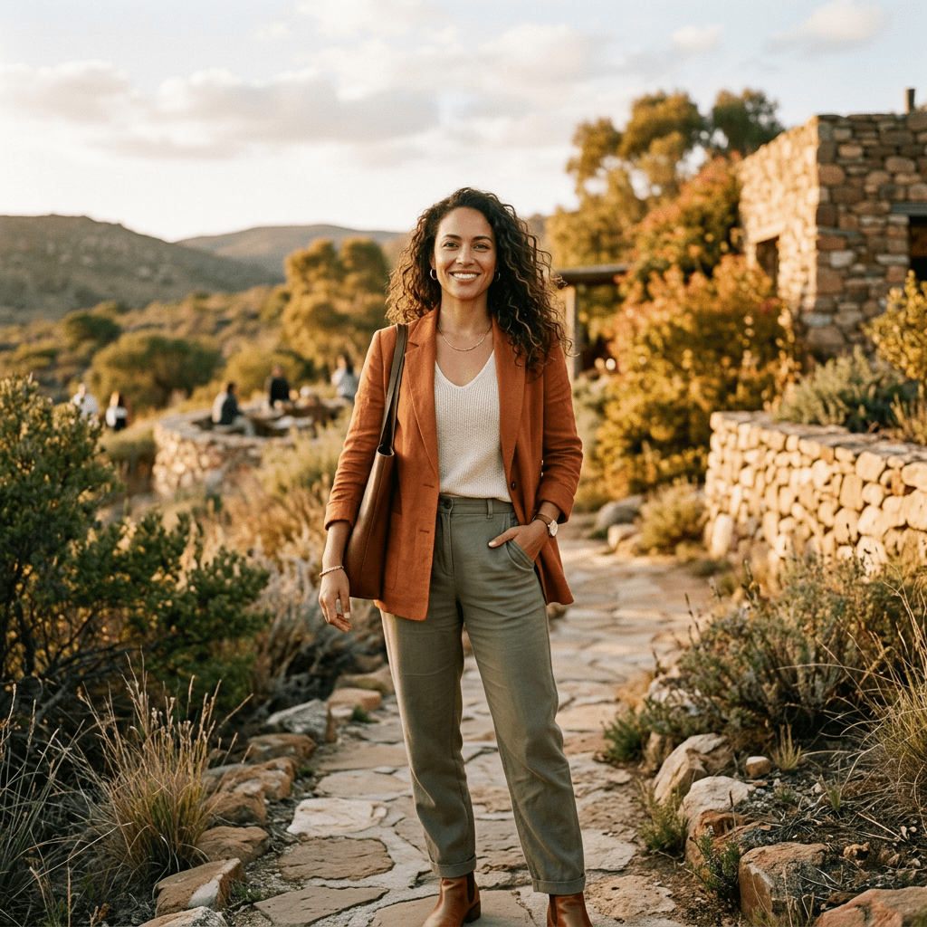 Smiling woman standing on stone path surrounded by greenery and stone buildings