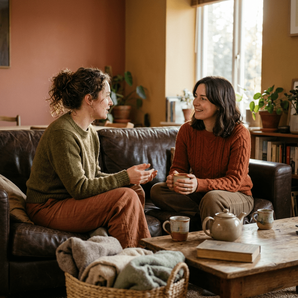 Two women sitting on a leather couch talking and drinking tea in a warm, plant-filled living room.