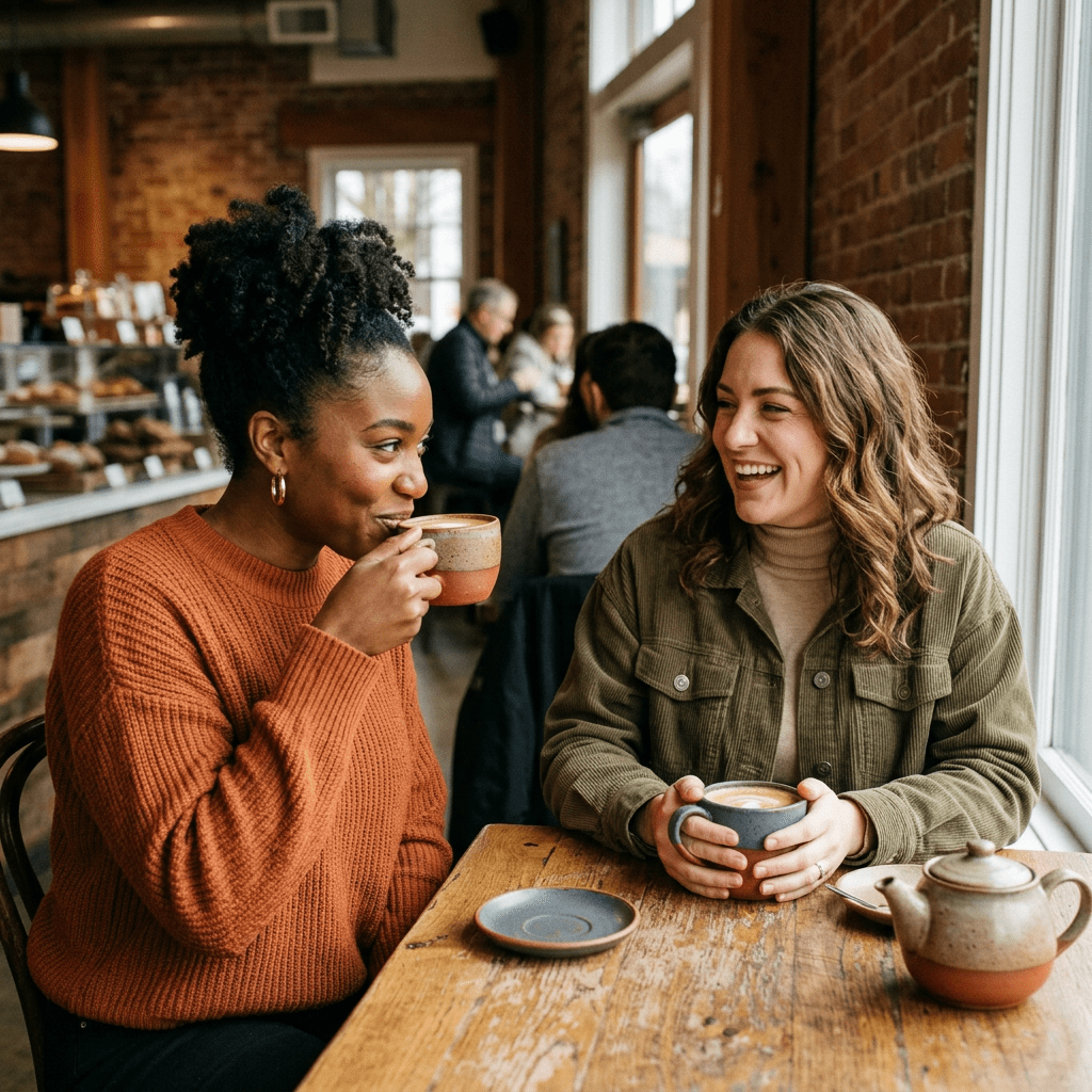 Two women sitting at a wooden table in a cafe, drinking coffee and smiling