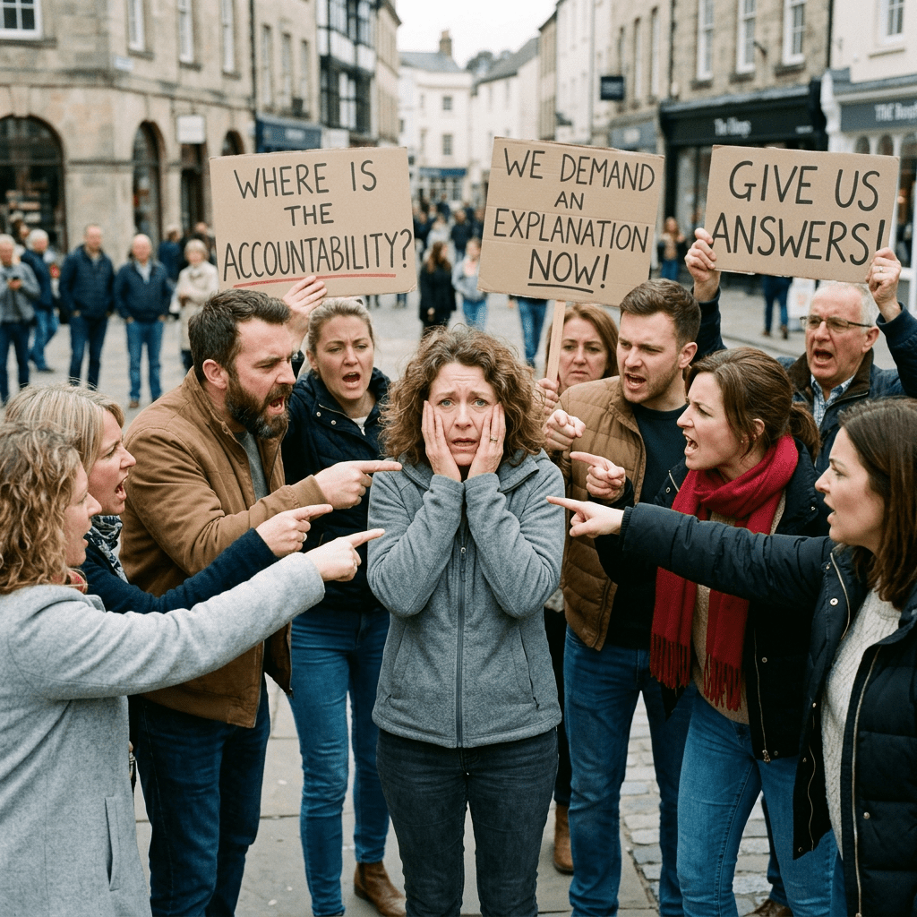 A distressed woman surrounded by angry protesters holding signs demanding accountability and explanations