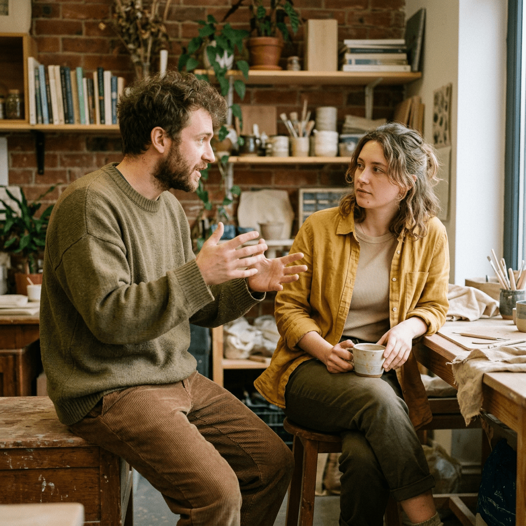 Man and woman conversing in a pottery studio with shelves and tools in background