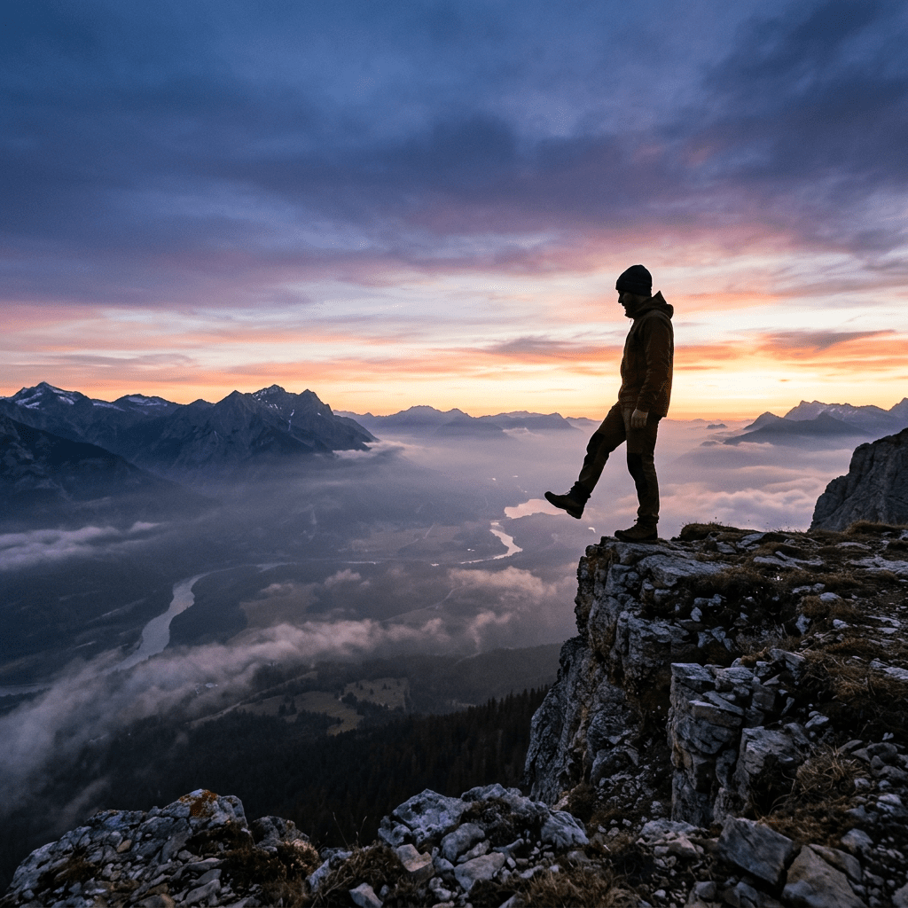 Silhouette of person standing on cliff edge above misty mountain valley at sunset