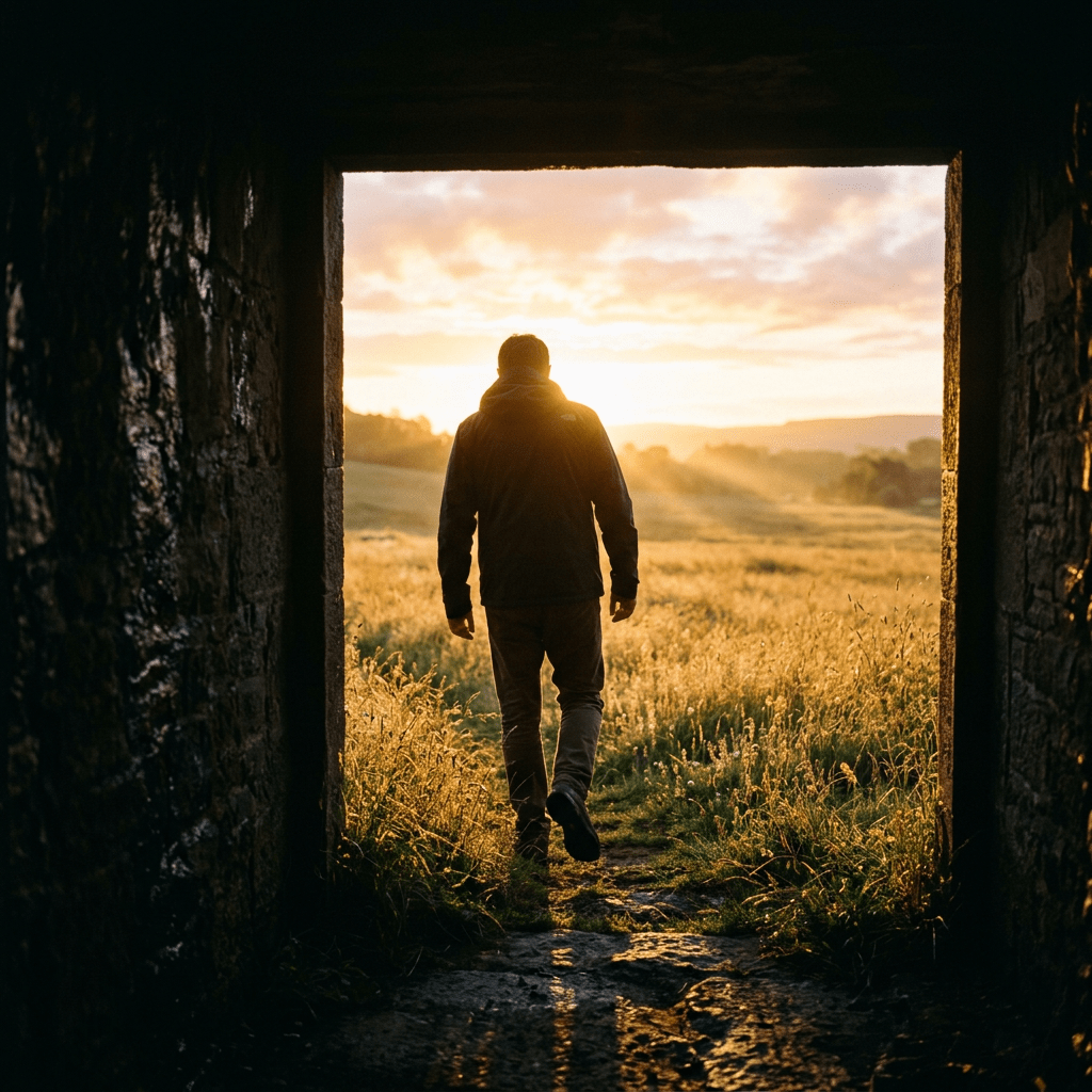 Person walking through stone doorway into sunlit grassy field at sunrise