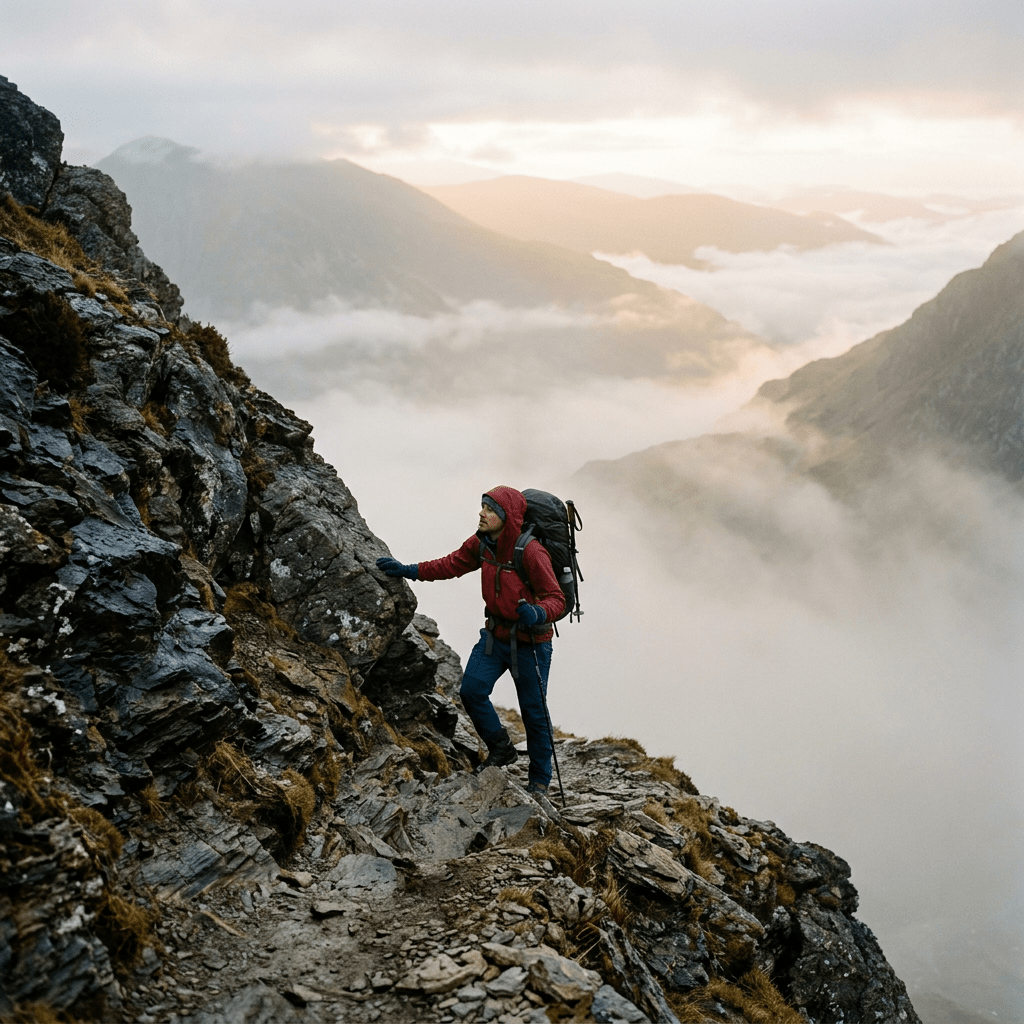 Hiker with backpack ascending rocky mountain path in misty sunrise