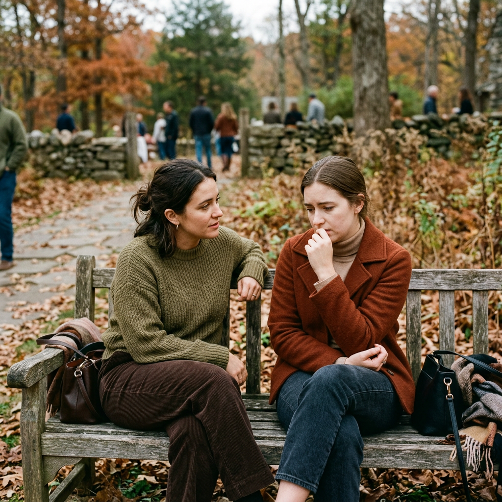 Two women seated on a wooden bench in a park, one listening attentively while the other appears worried