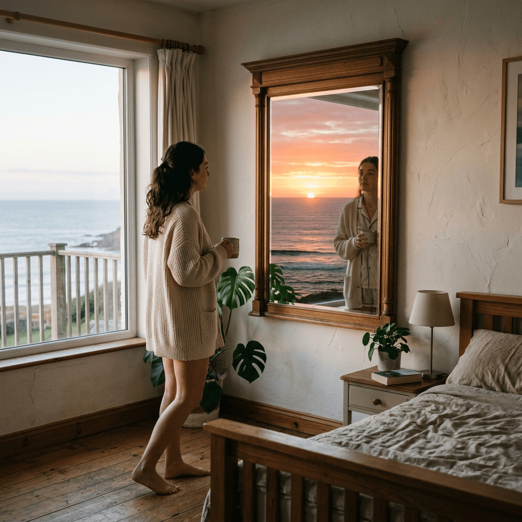 Woman holding a mug looking at her reflection in a mirror showing a sunset over the ocean