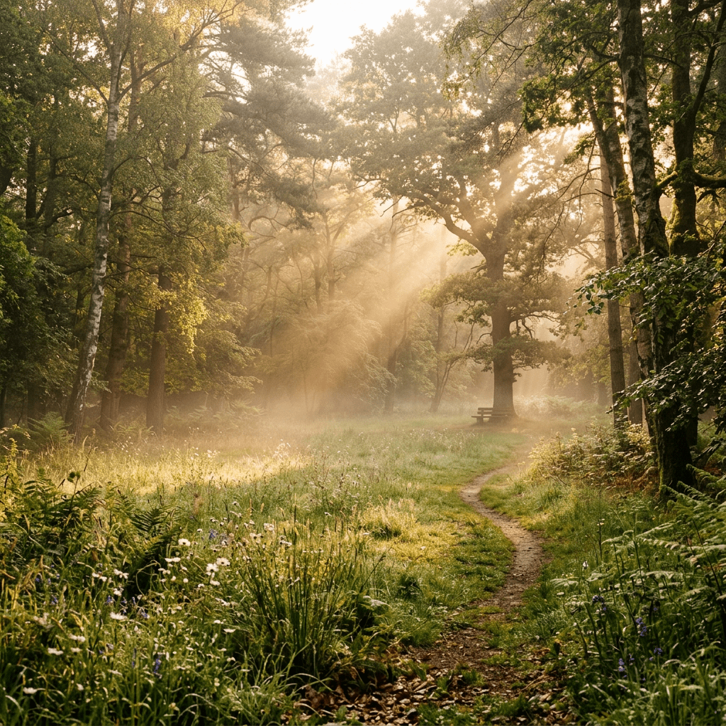 A winding dirt path through a sunlit forest clearing with a bench beneath a large tree