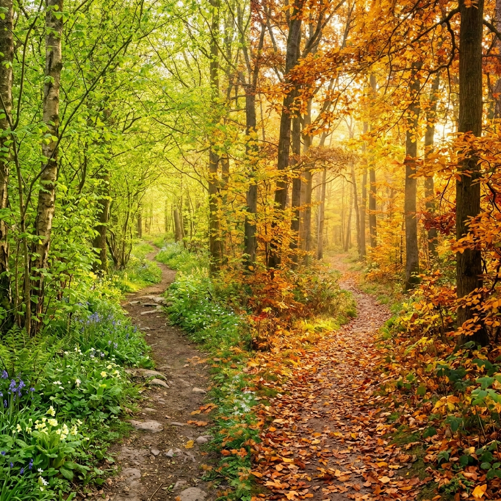Two forest paths, one with green spring leaves and the other with orange autumn leaves.