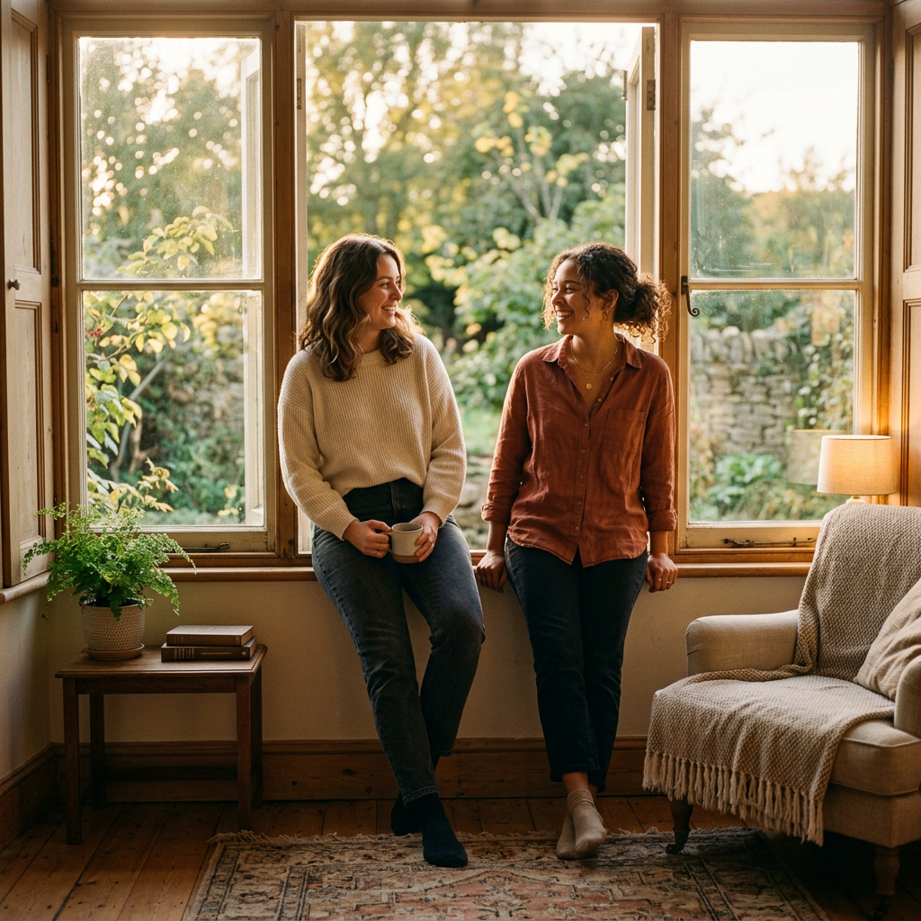 Two women sitting on a windowsill talking and smiling inside a cozy room.