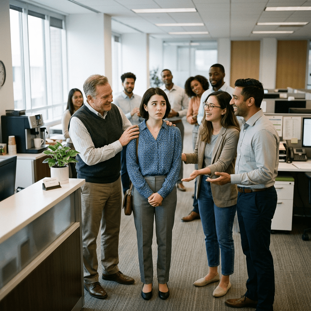 New employee looking nervous surrounded by welcoming coworkers in office