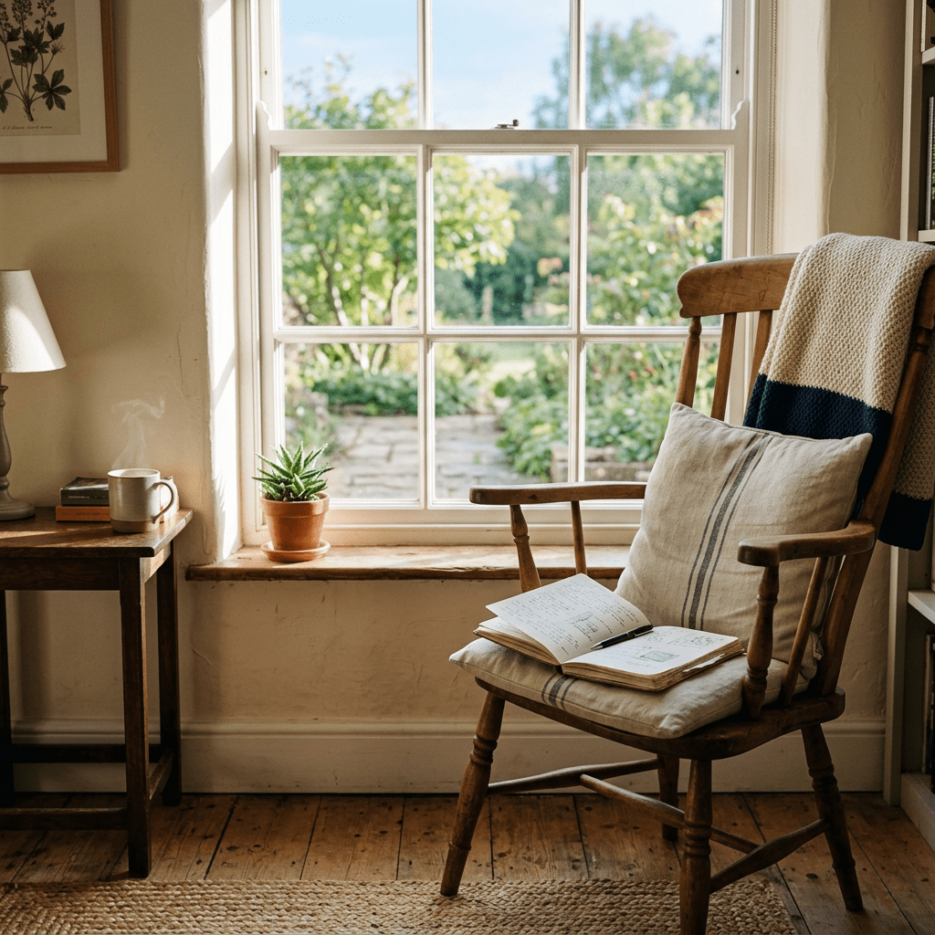 Wooden chair with cushion and open notebook by sunlit window overlooking garden