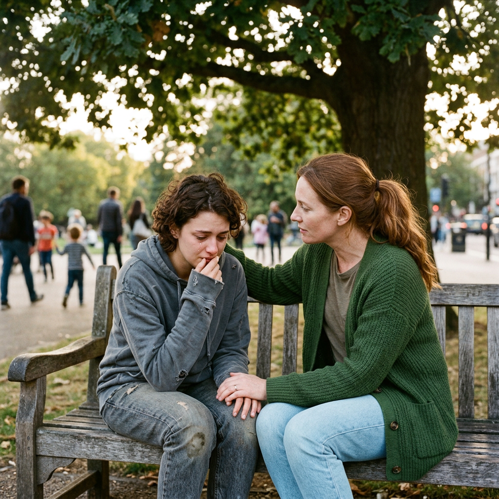A woman comforting a crying young person sitting on a bench in a park.