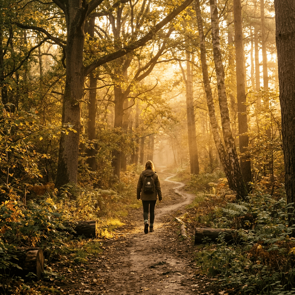 Person walking on a winding forest trail with warm sunlight filtering through trees