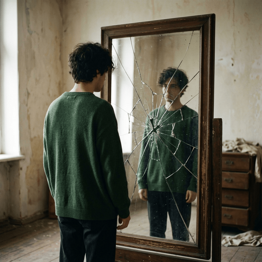 Young man looking into a full-length cracked mirror in an old room