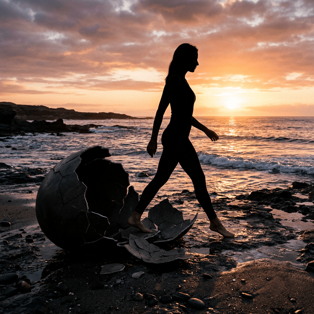 Silhouette of woman walking barefoot on a rocky beach near a large cracked sphere sculpture at sunset