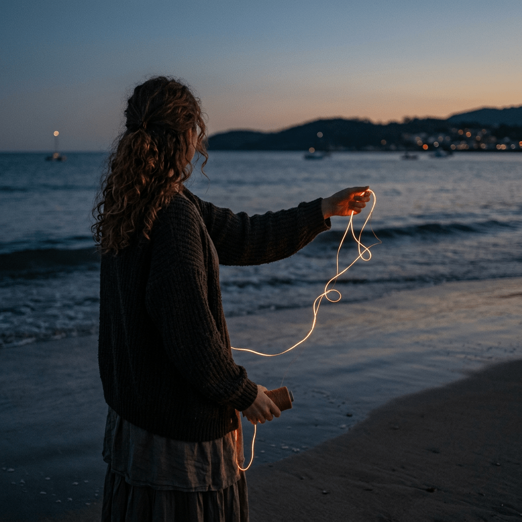 Person holding a glowing string on a beach at dusk