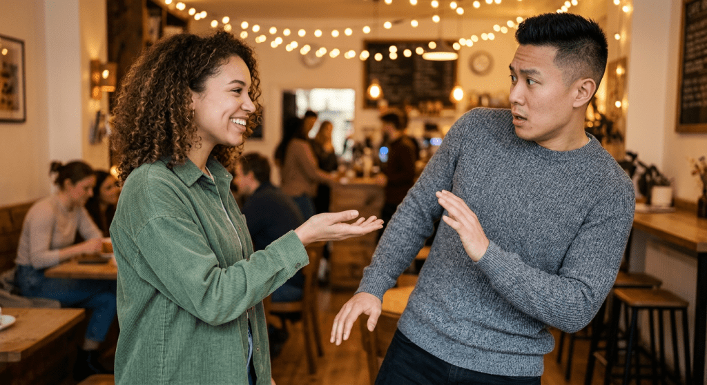 A woman smiling and talking with a man who looks surprised and backing away in a café.