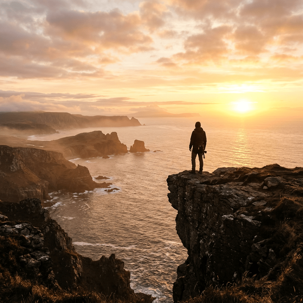 Person standing on rocky cliff edge overlooking ocean and coastline at sunset
