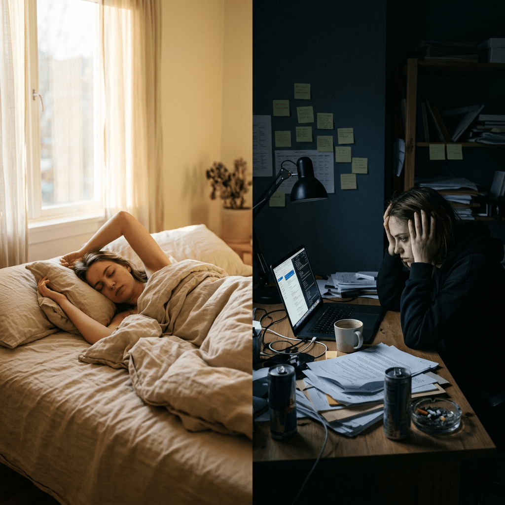 Split image with a woman sleeping peacefully in bed on the left and the same woman stressed at a cluttered desk on the right