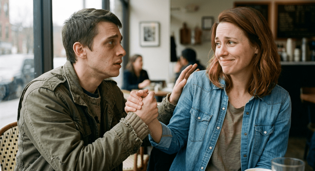 Man comforting woman by holding her hand in a café
