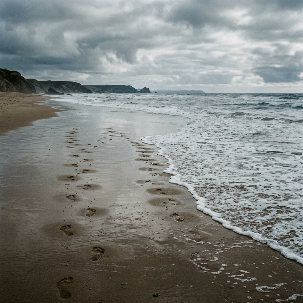 Footprints on wet sand along a beach with waves and cloudy sky
