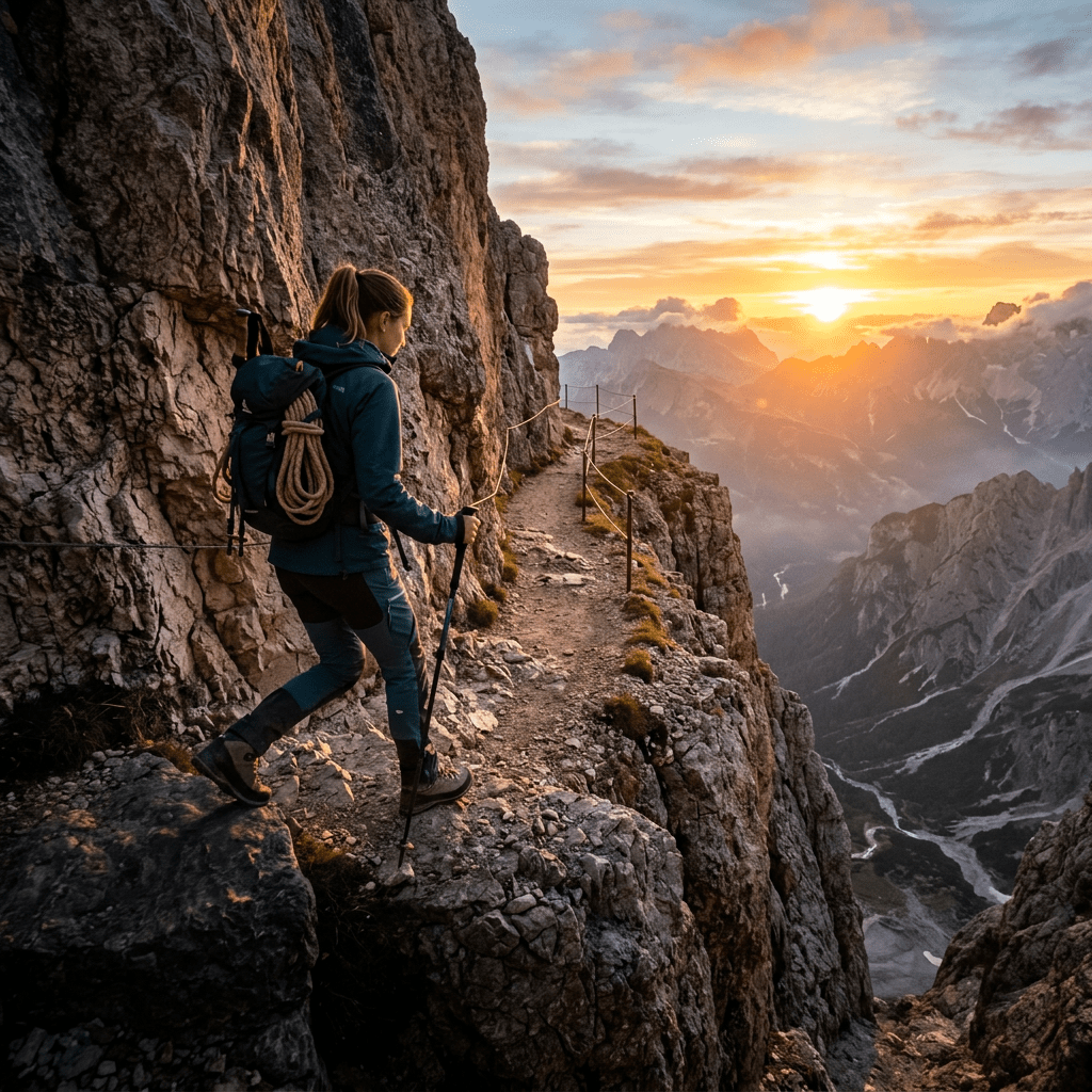 Hiker walking on narrow mountain trail with trekking poles at sunset