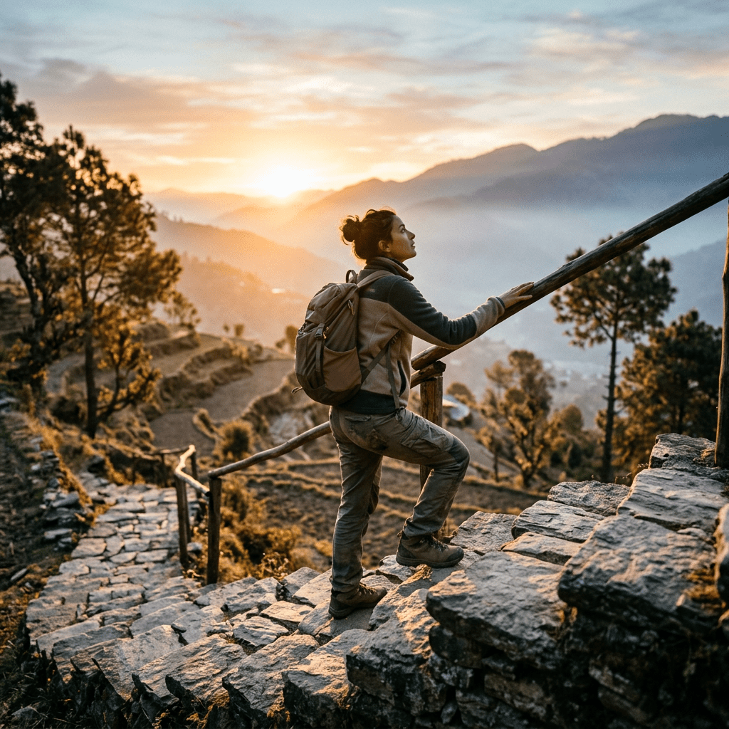 Hiker with backpack standing on stone steps holding a wooden railing at sunrise
