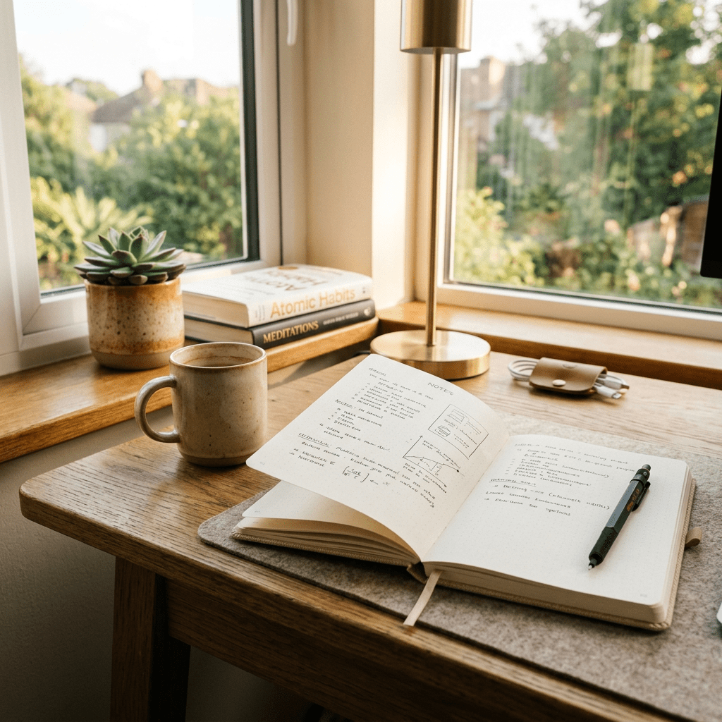 Notebook with handwritten notes and pen on wooden desk near window with coffee cup and books