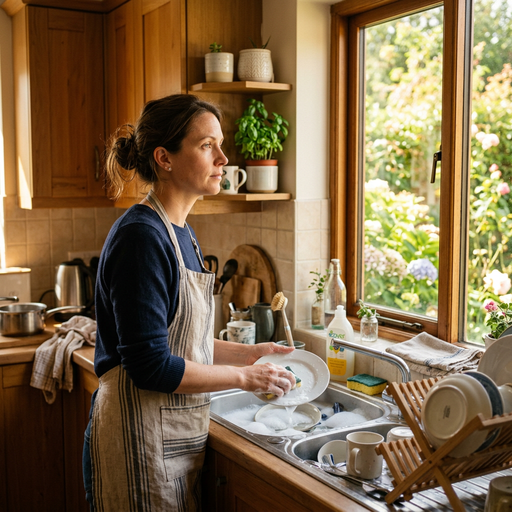 Woman washing soapy dishes in kitchen sink with garden outside window