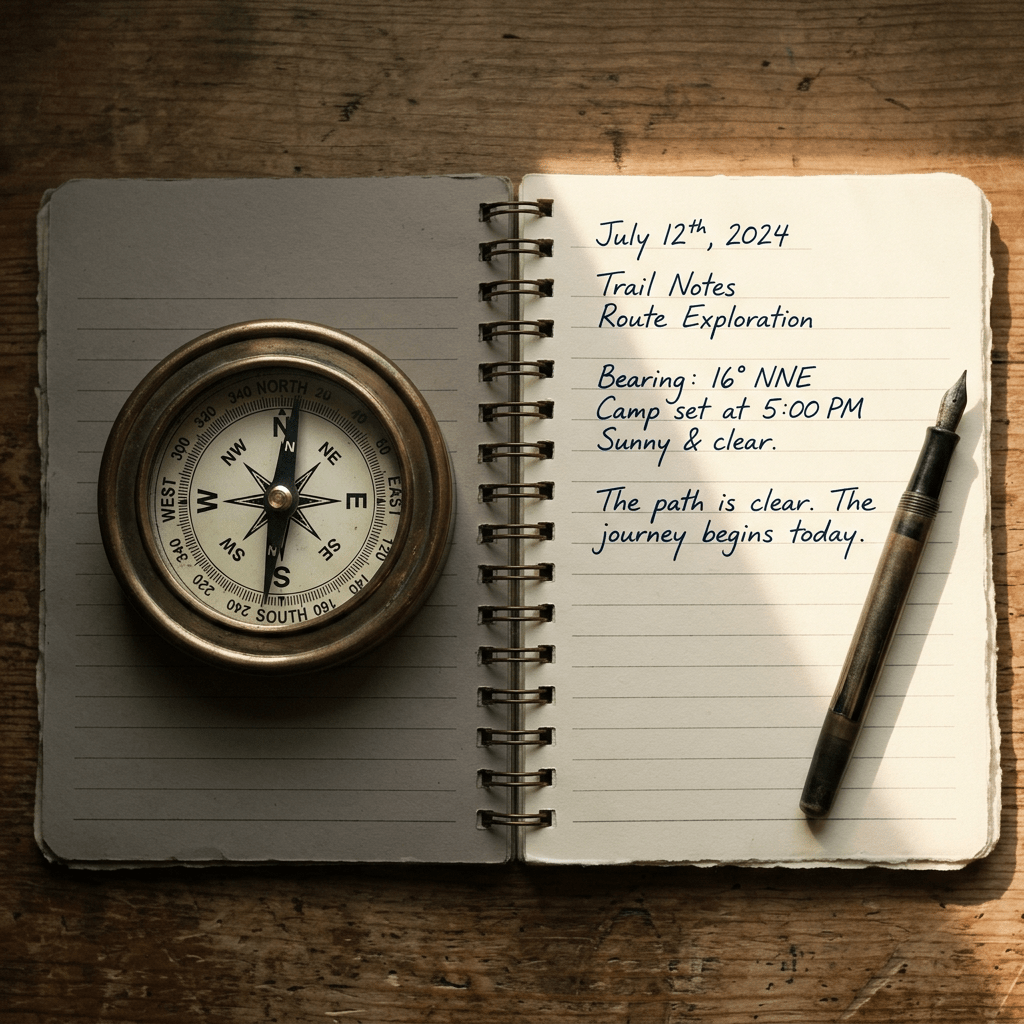 Open journal with handwritten trail notes dated July 12th, 2024, next to a vintage compass and fountain pen on a wooden surface