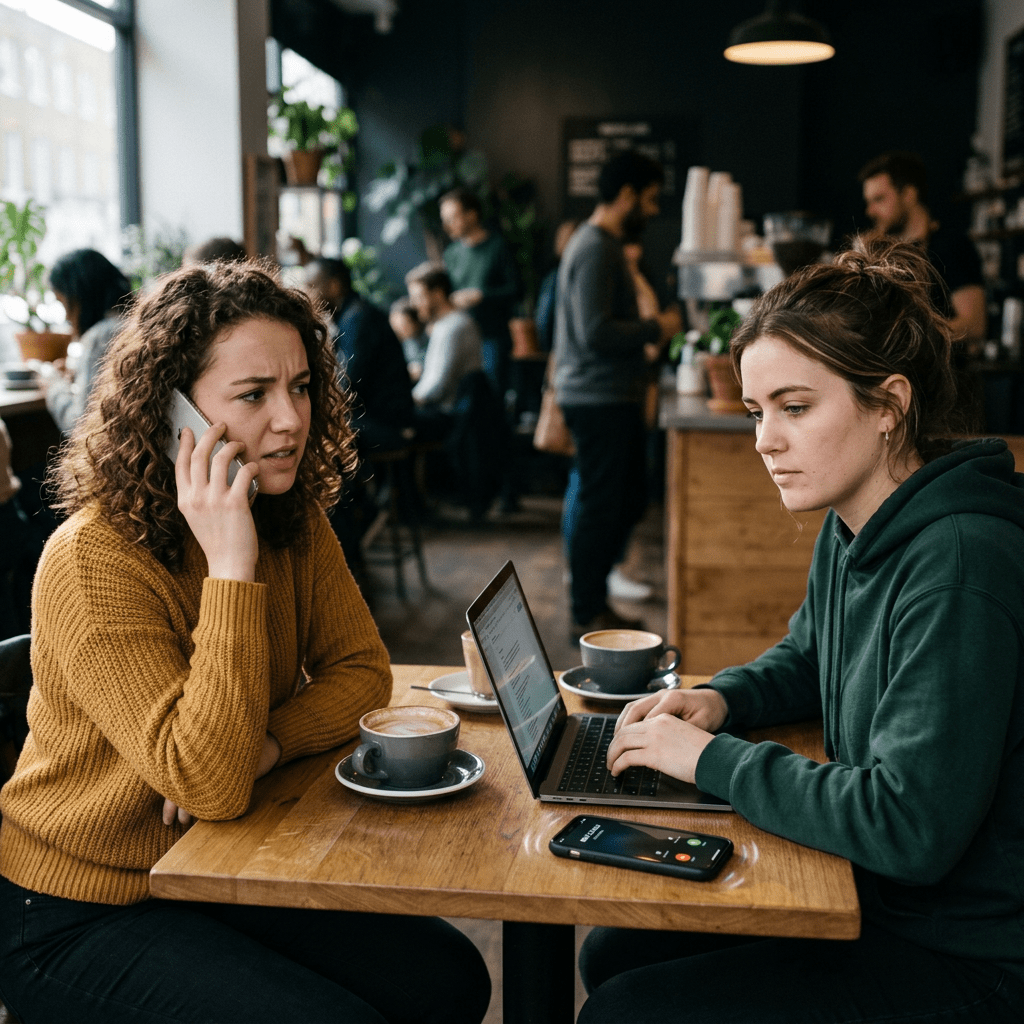 Two women at a café table, one talking on phone, other typing on laptop