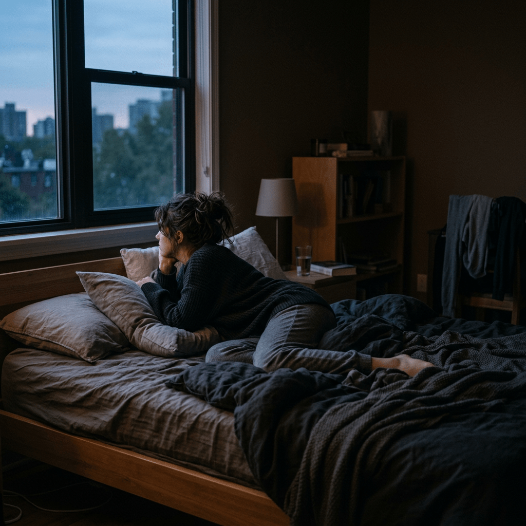 Woman lying on bed resting head on hands gazing out window