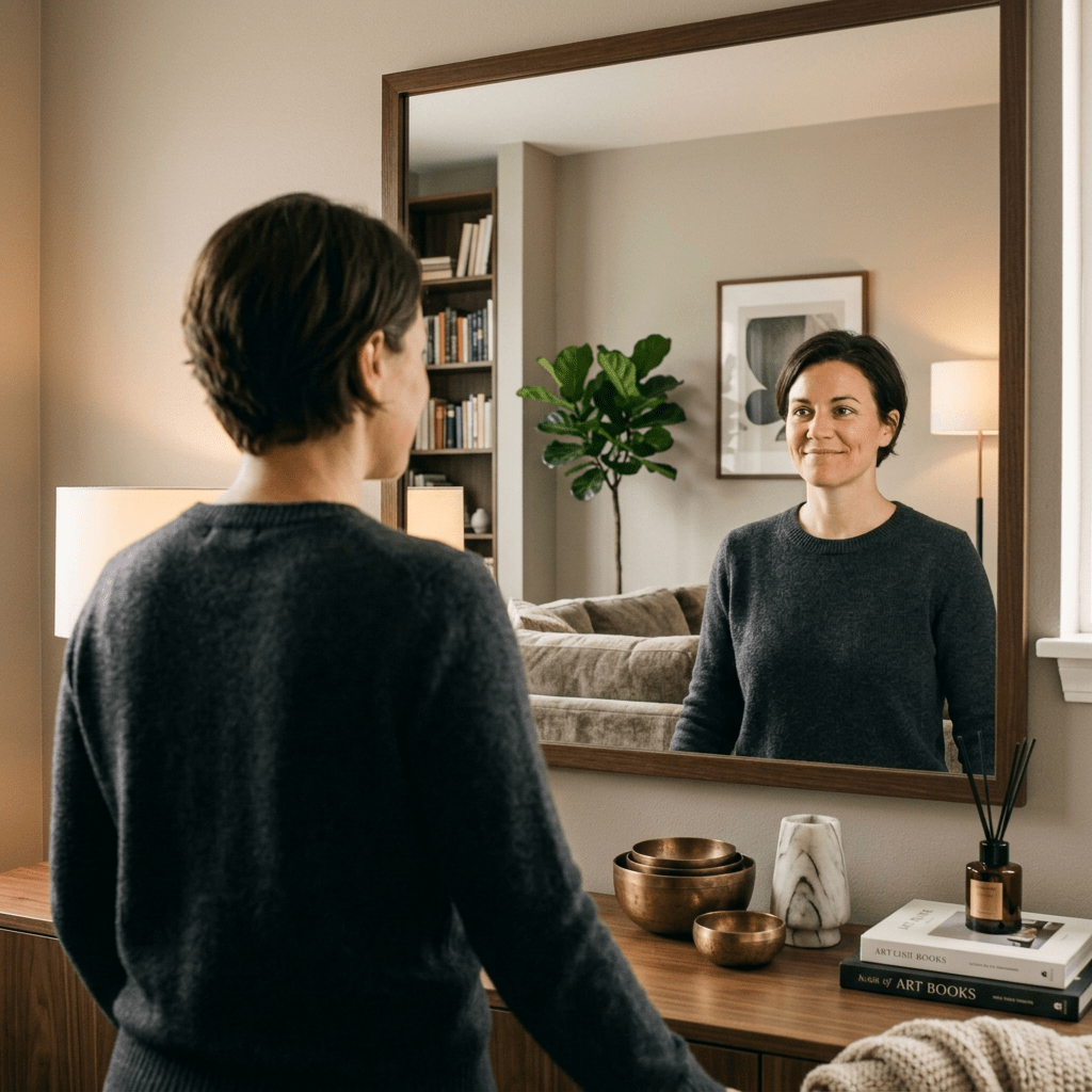 Woman looking at her reflection in a bathroom mirror, smiling.